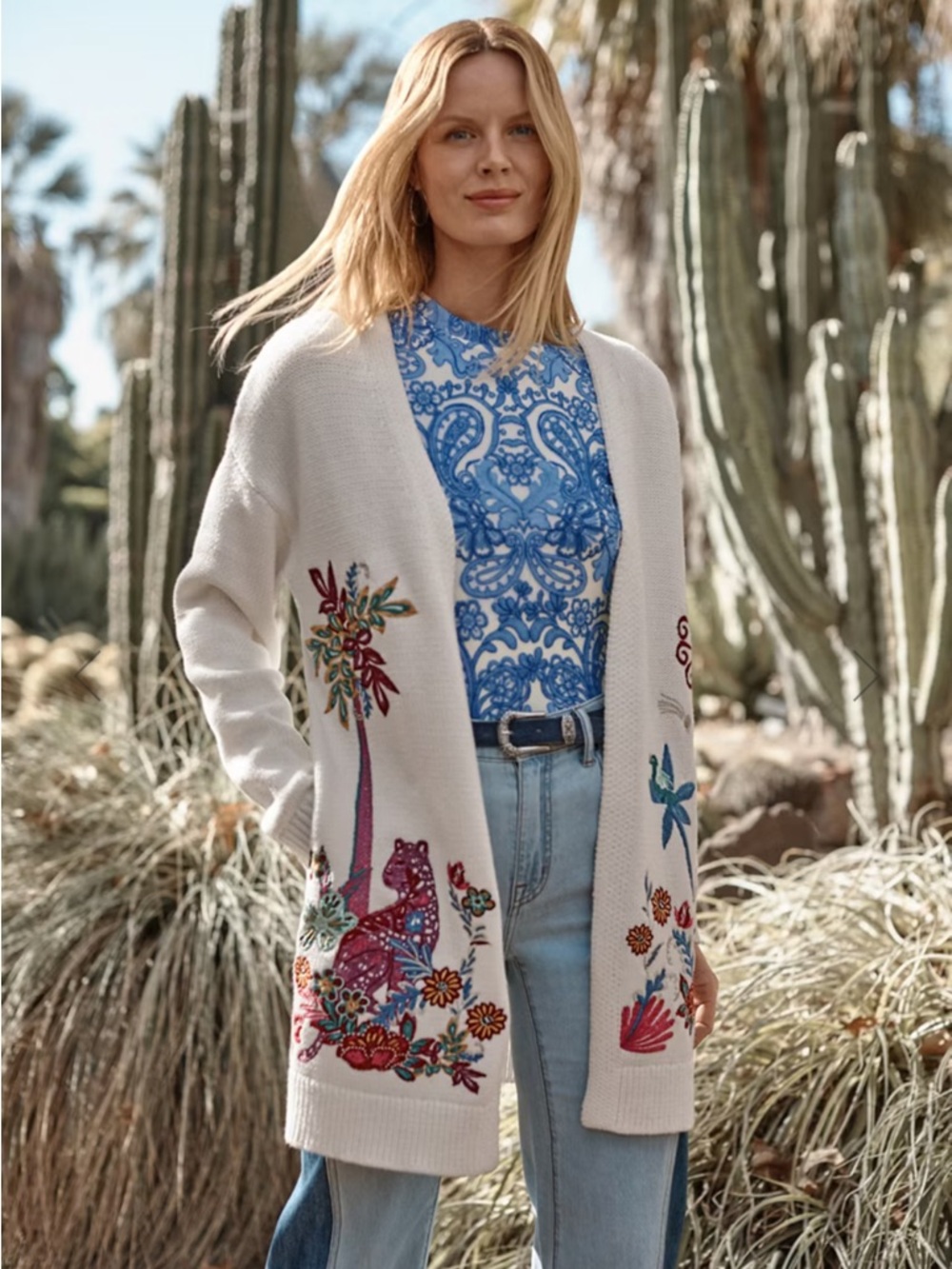 Johnny Was Cream Embroidered Open-Front Cardigan with Multicolor Motifs